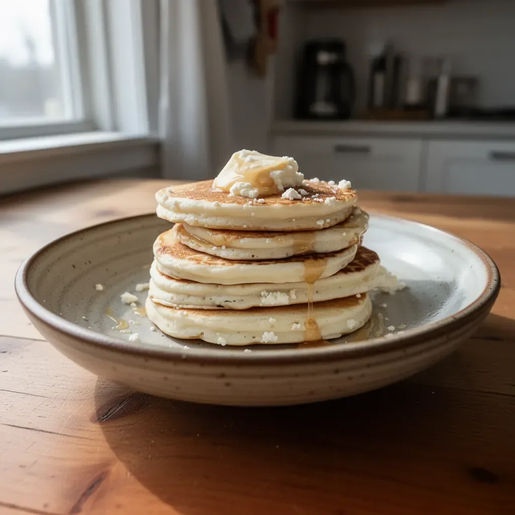 Fluffy carnivore cottage cheese pancakes stacked on a plate