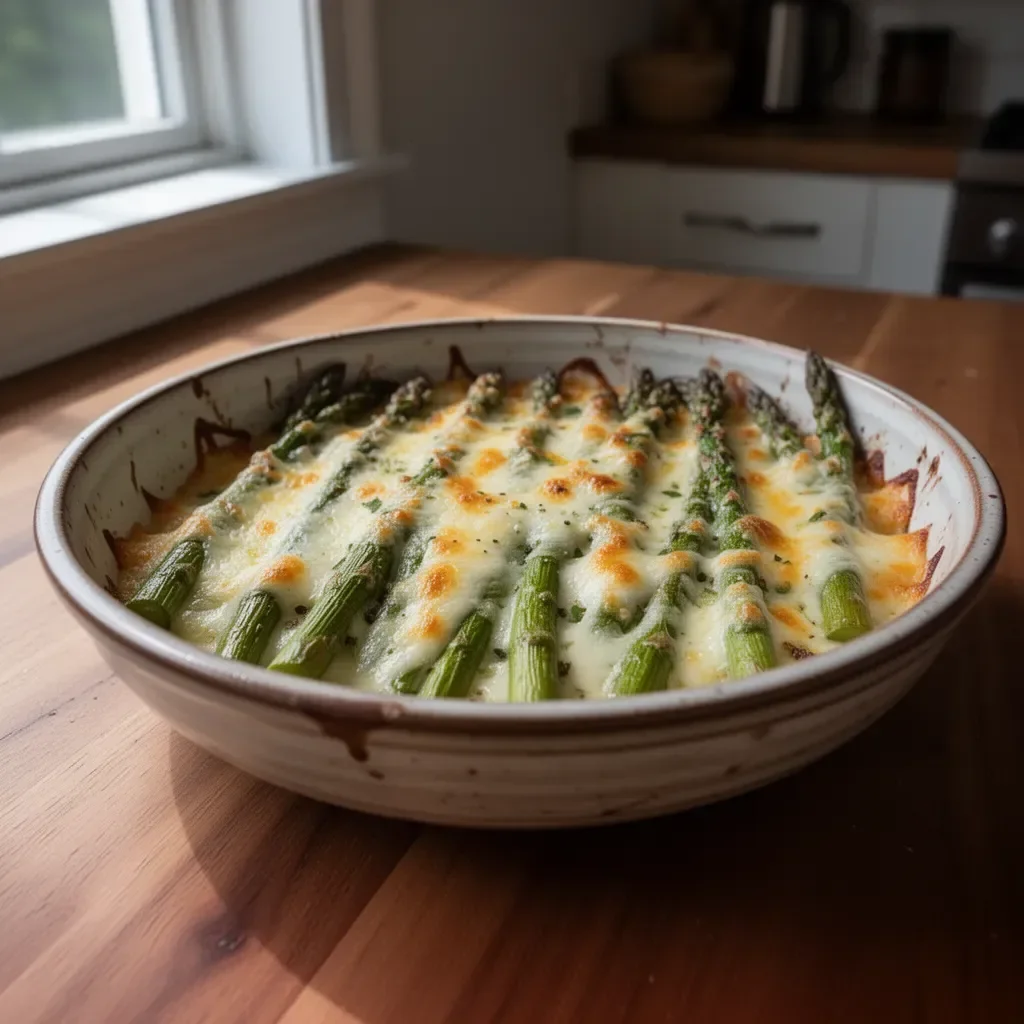 Cheesy baked asparagus dish with melted cheese and herbs