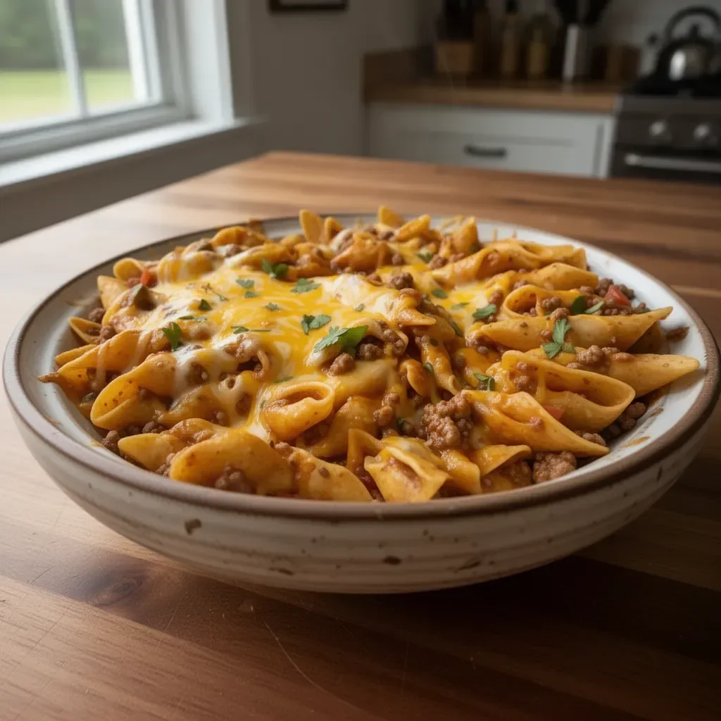 Cheesy enchilada hamburger helper dish served in a bowl