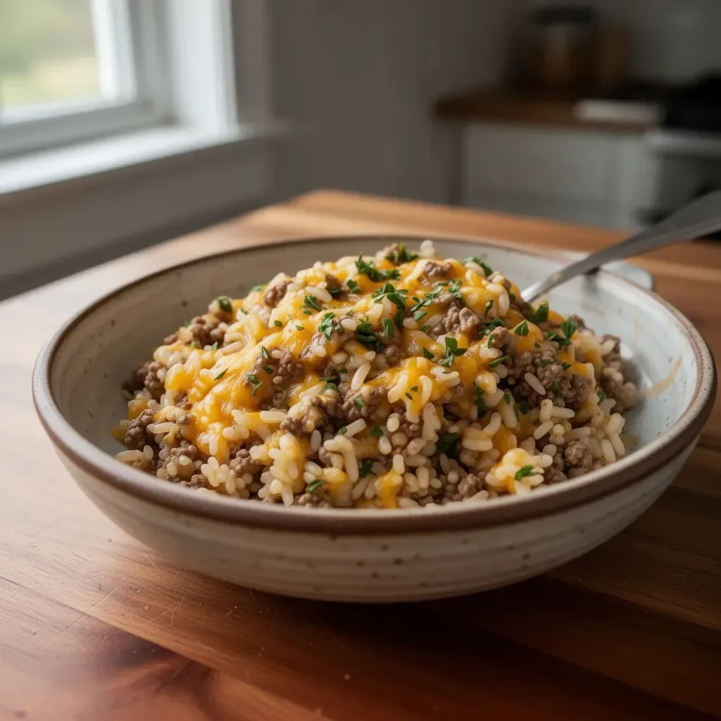 Cheesy ground beef and rice casserole served in a baking dish