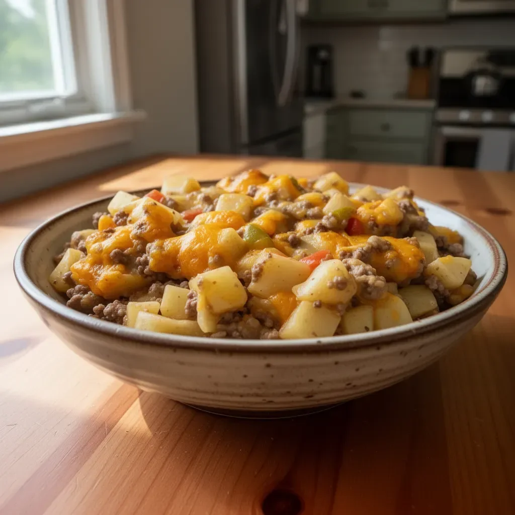 Cheesy Ground Beef and Potato Casserole served in a dish
