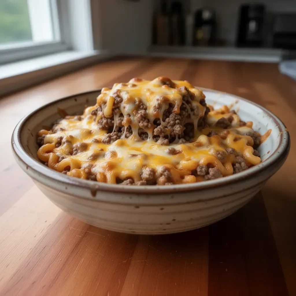 Cheesy hamburger casserole baked with layers of beef and creamy cheese.