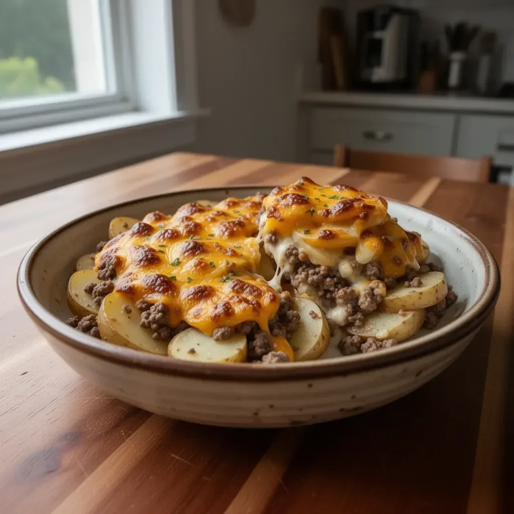 Cheesy hamburger potato casserole topped with melted cheese and fresh herbs.