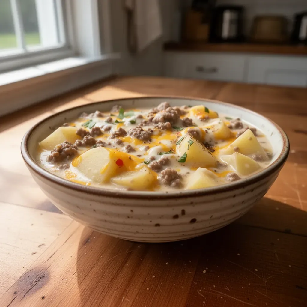 Creamy cheesy hamburger potato soup in a bowl with fresh herbs