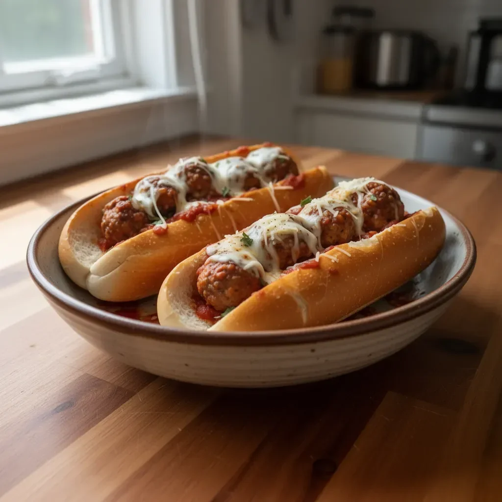 Delicious cheesy meatball subs topped with melted cheese and herbs