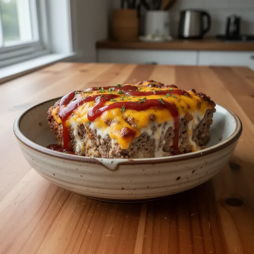 Cheesy meatloaf casserole served in a dish, topped with melted cheese and spices.