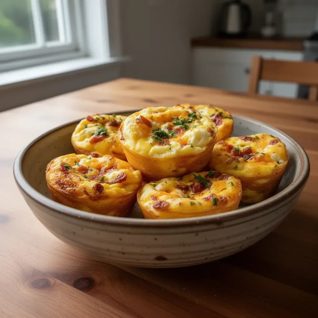 Cheesy muffin tin cottage cheese egg bites served on a plate.