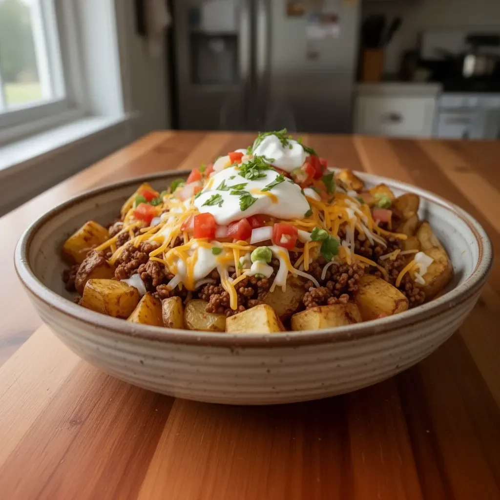 Cheesy taco potatoes topped with cheese and spices, a delicious meal option.