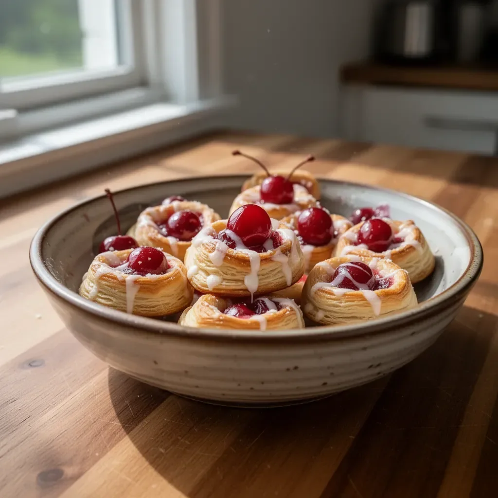 Delicious cherry pie bites served on a plate with fresh cherries
