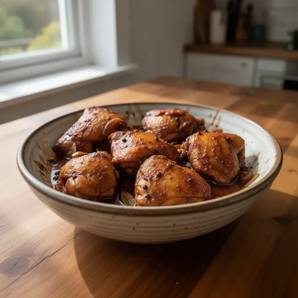 Delicious Chicken Adobo served with rice, showcasing vibrant flavors and ingredients.
