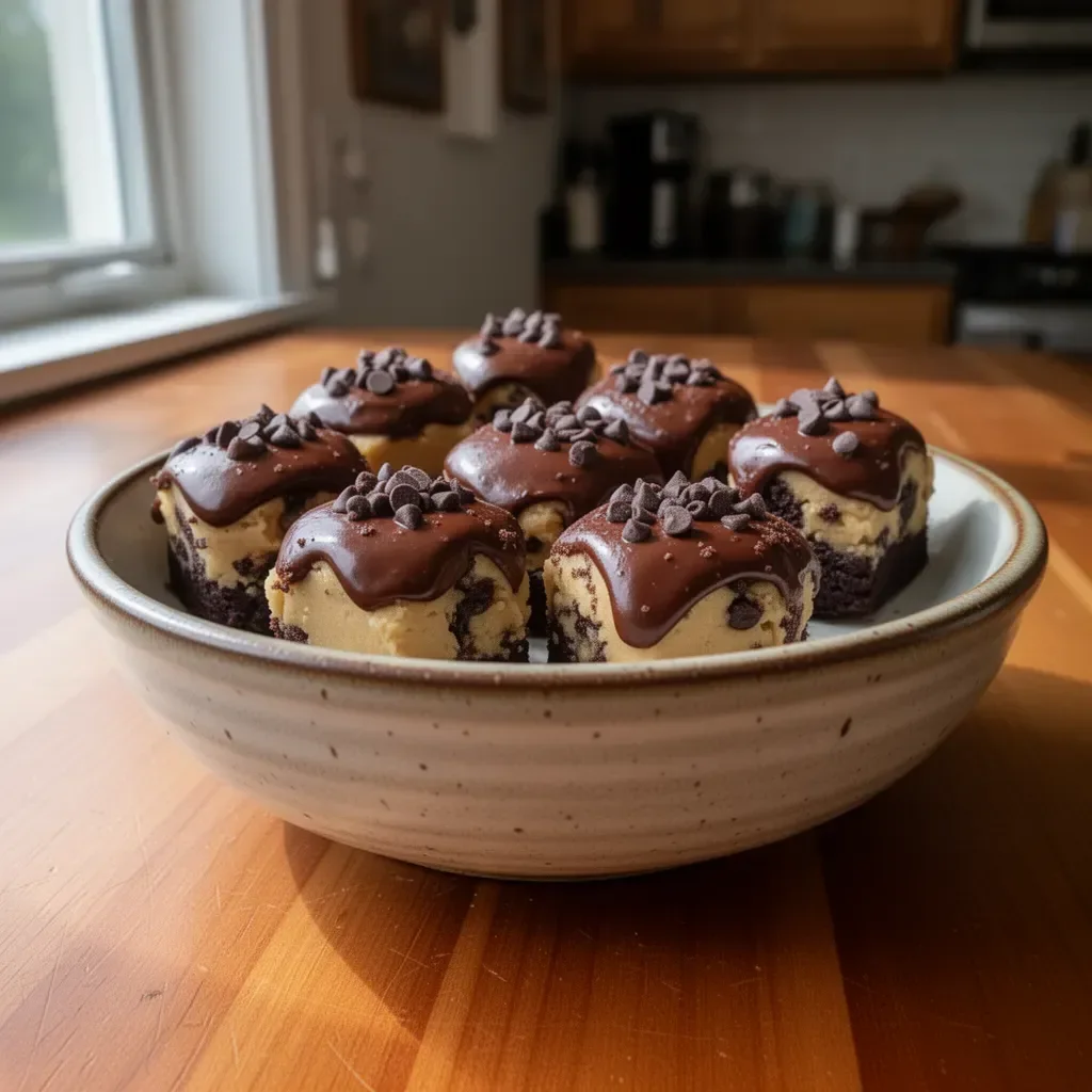 Chocolate Chip Cookie Dough Brownie Bites on a plate