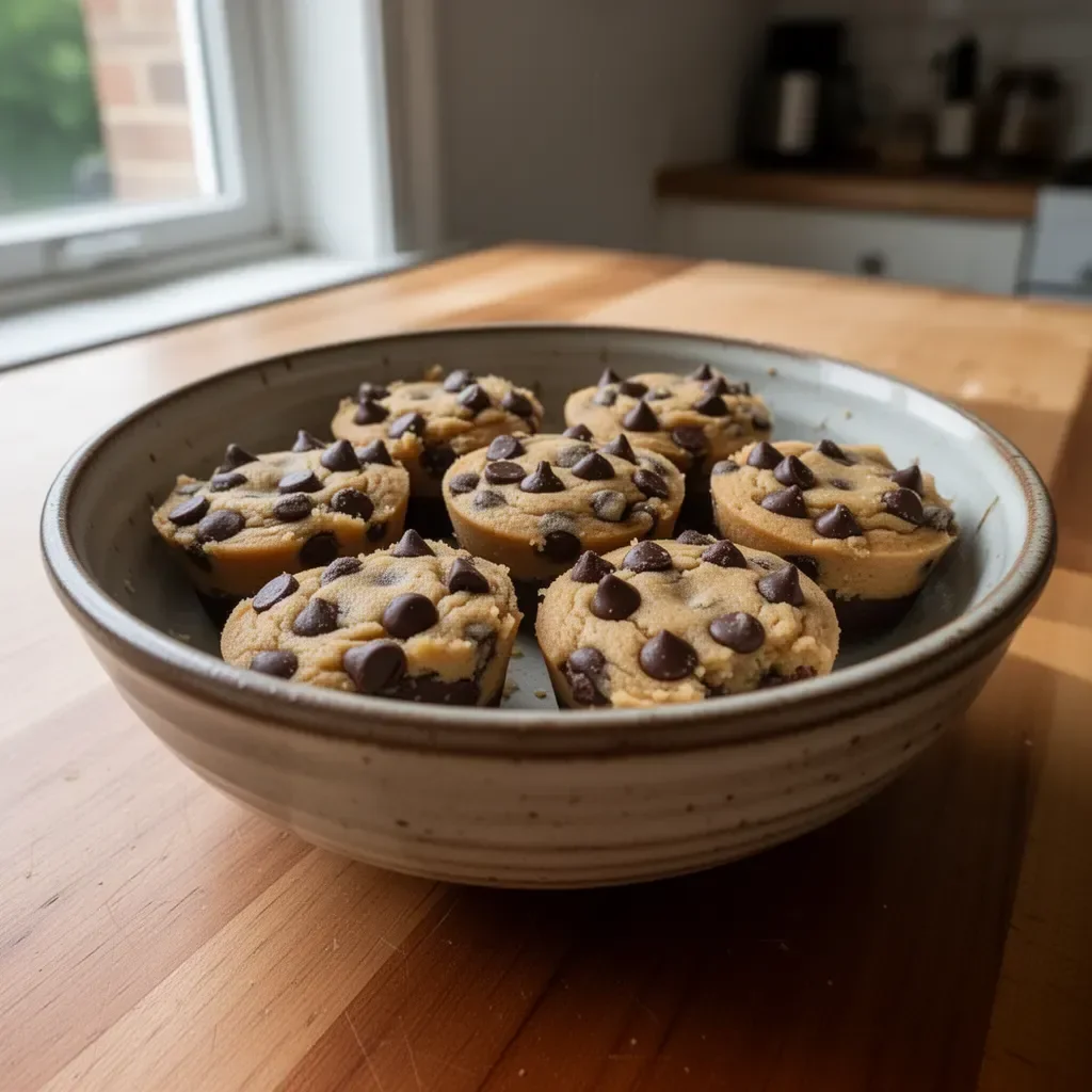 Homemade chocolate chip cookie dough cups topped with chocolate drizzles