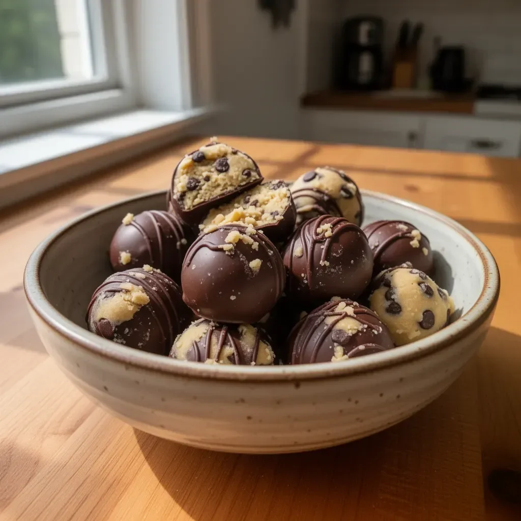 Chocolate chip cookie dough truffles on a white background