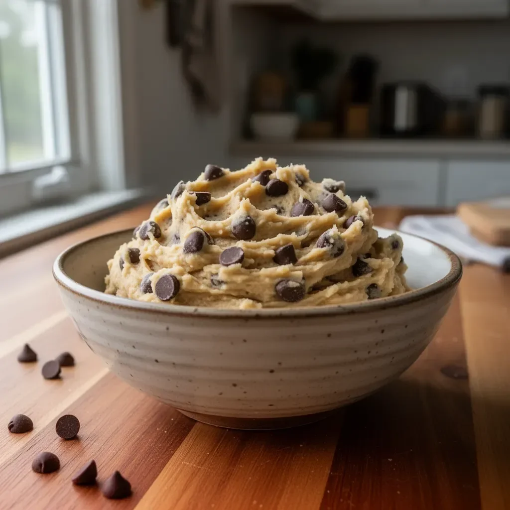Delicious chocolate chip edible cookie dough served in a bowl
