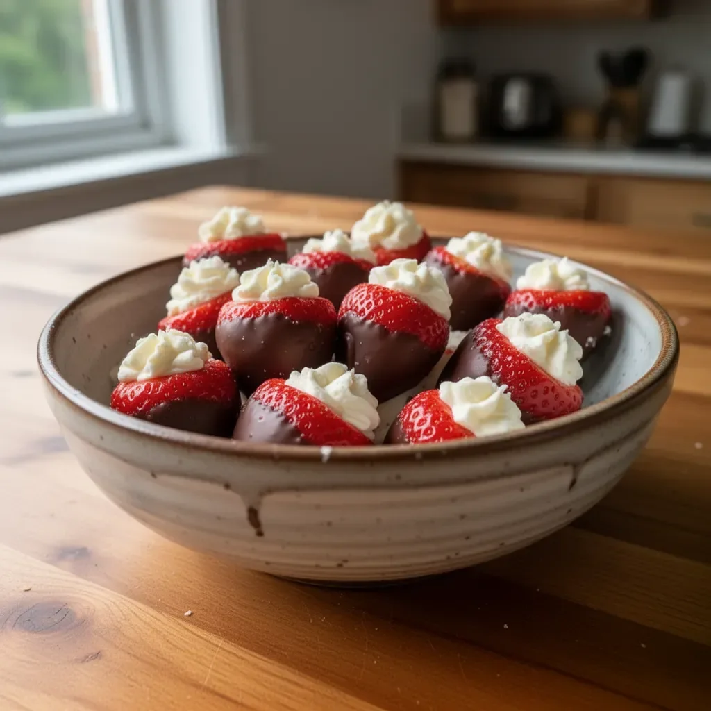 Chocolate covered cheesecake strawberries on a white plate