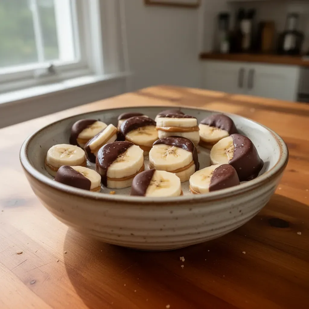 Delicious Chocolate Peanut Butter Banana Bites on a plate