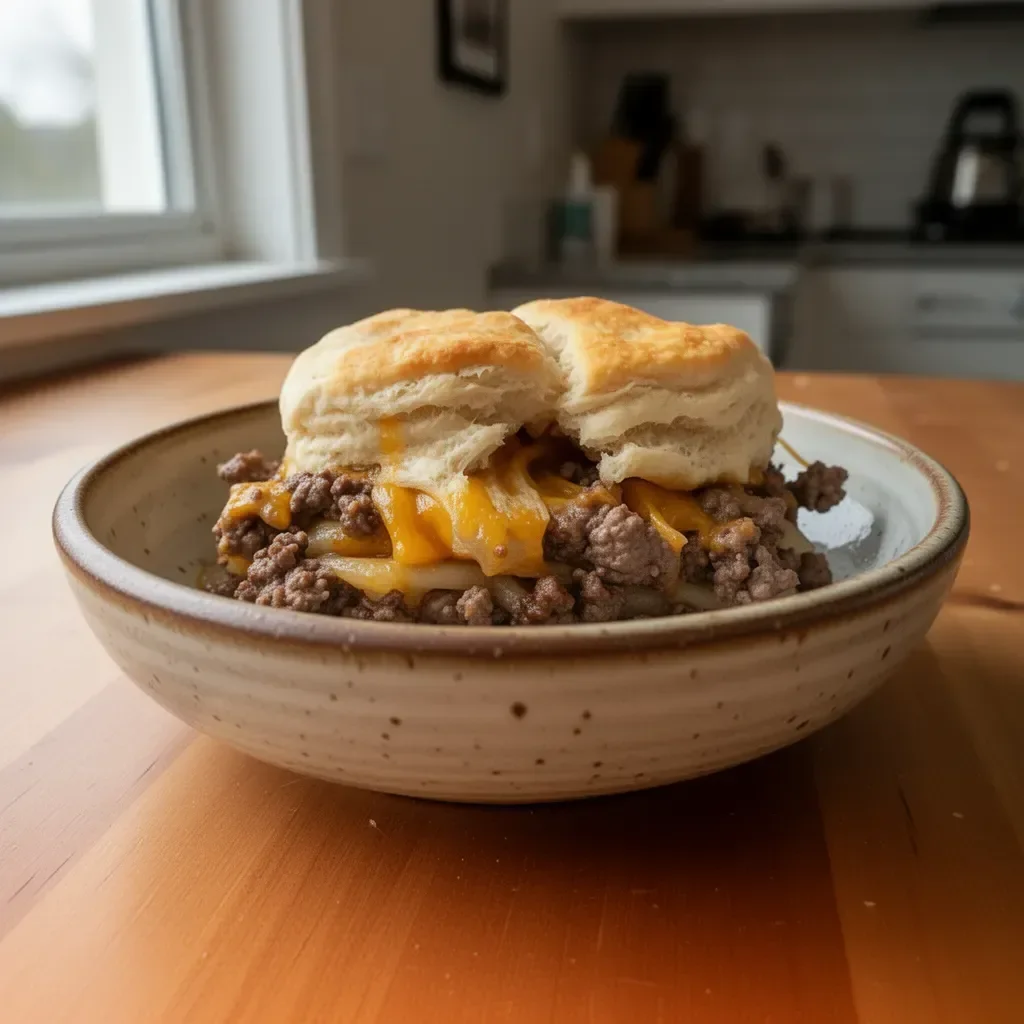Chopped cheeseburger biscuits on a plate with toppings