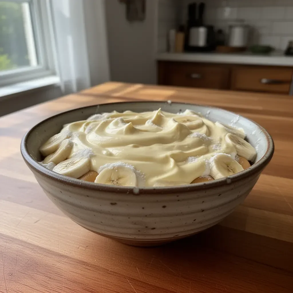 Delicious Cold No Bake Banana Pudding dessert in a glass bowl