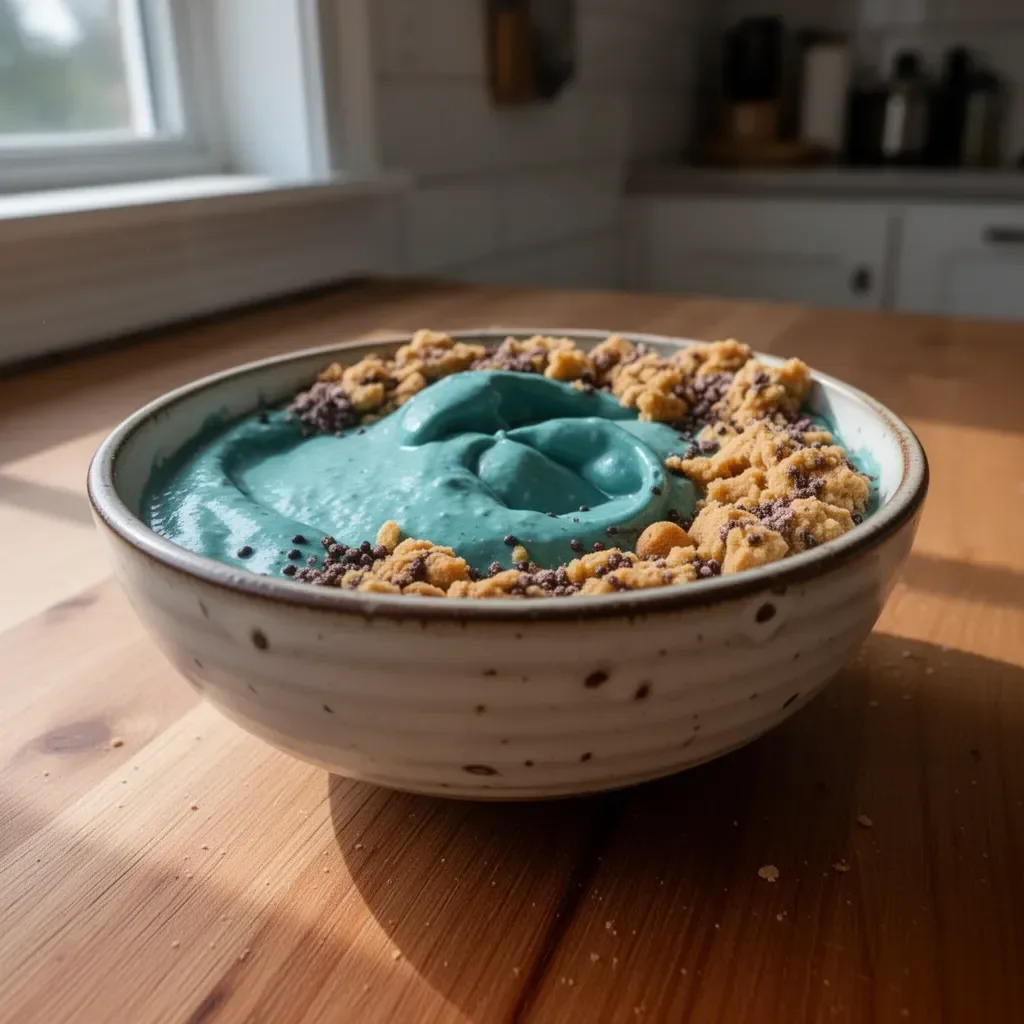 Cookie Monster smoothie bowl topped with vibrant ingredients