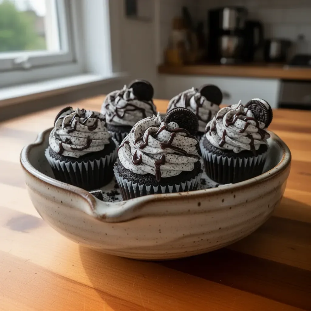 Delicious Cookies and Cream Cupcakes topped with crushed cookies