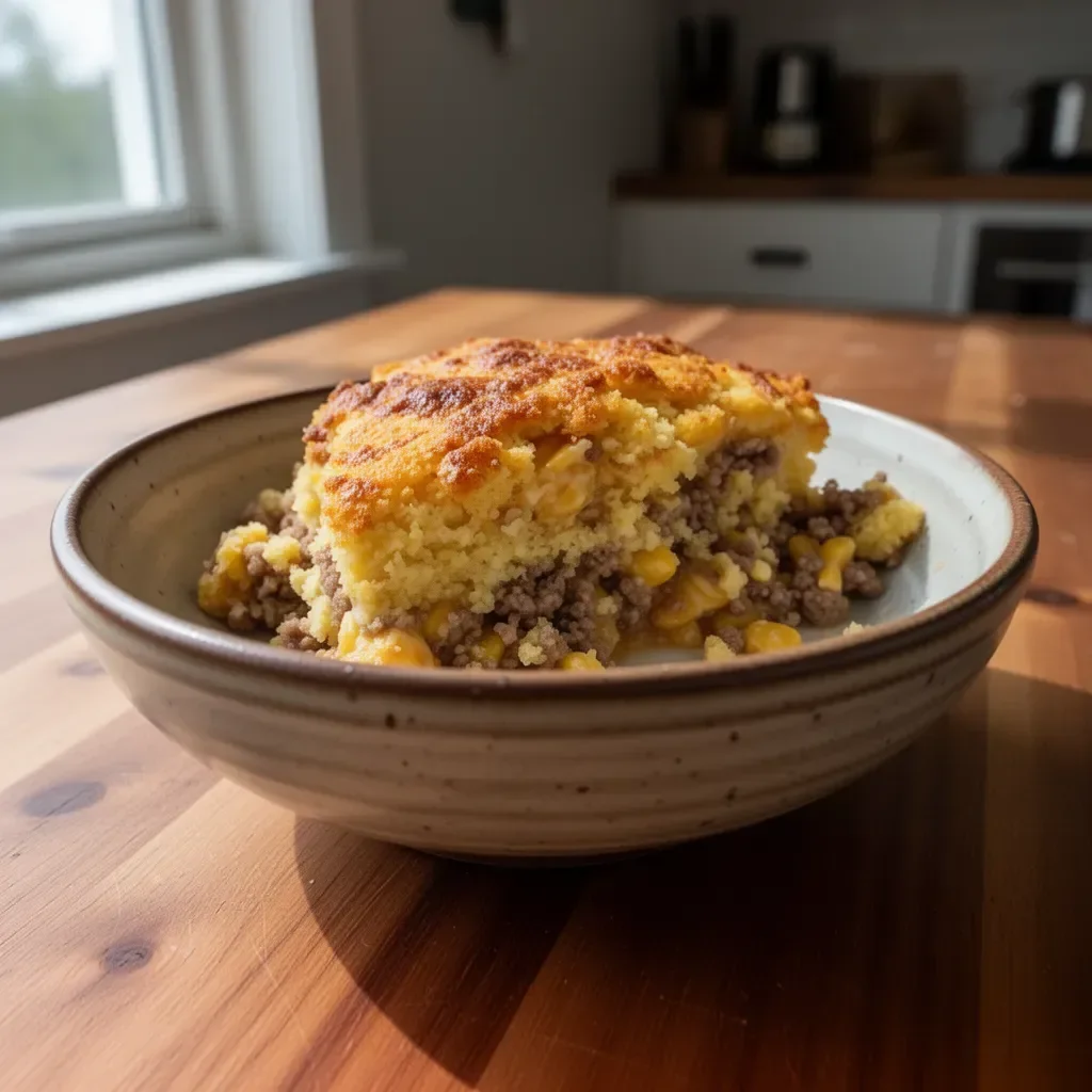 Delicious Cornbread Cowboy Casserole served in a dish