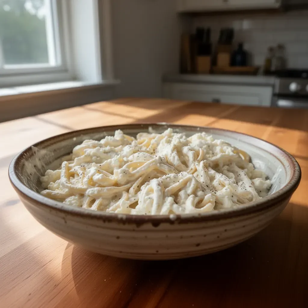 Delicious and creamy Cottage Cheese Alfredo sauce served with pasta
