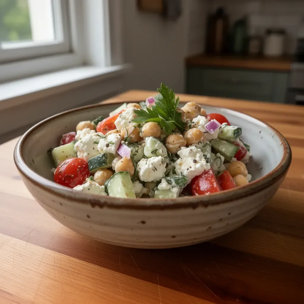Cottage cheese and chickpeas salad served in a bowl with fresh vegetables