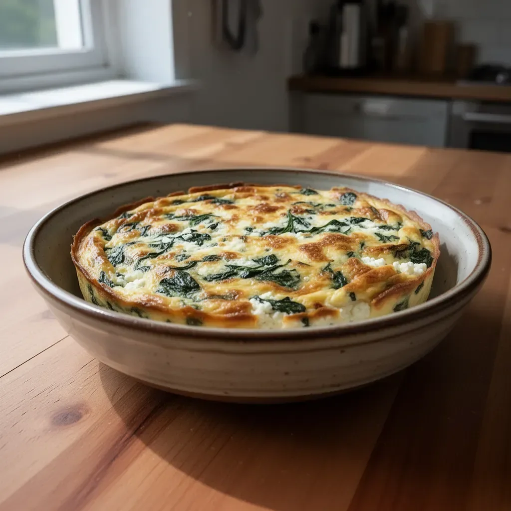 Slice of Cottage Cheese and Spinach Crustless Quiche served on a plate