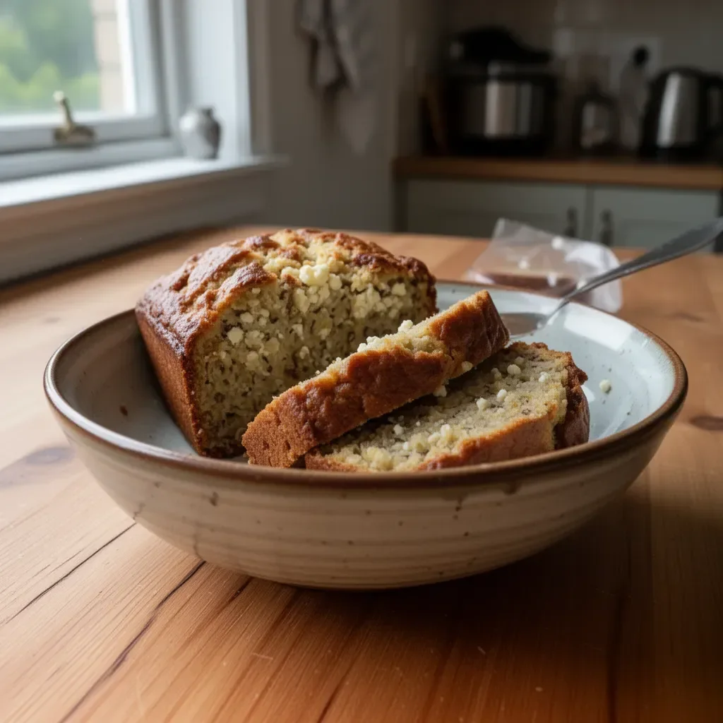 Cottage Cheese Banana Bread No Flour recipe showcasing fluffy texture and golden crust.