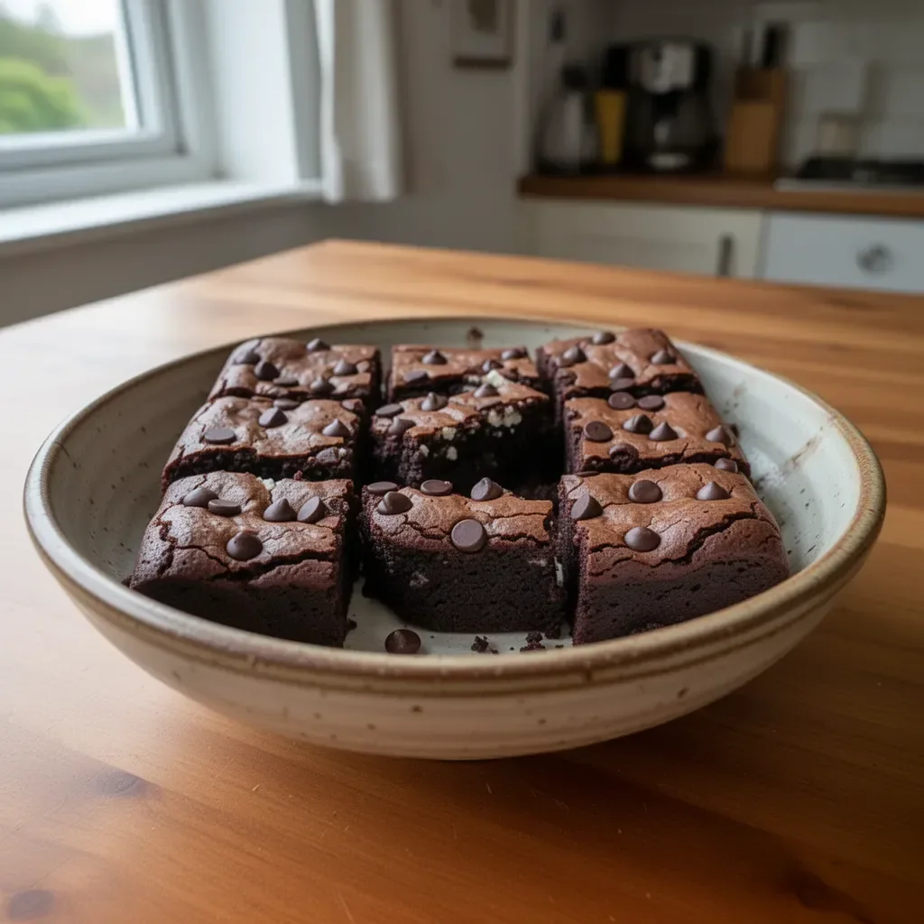Delicious cottage cheese brownies stacked on a plate