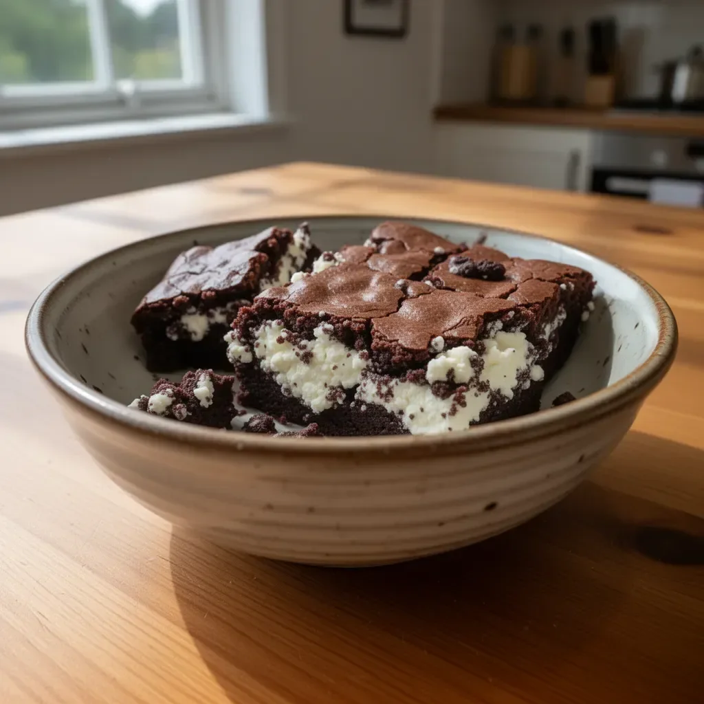Delicious cottage cheese brownies on a plate with chocolate drizzle.