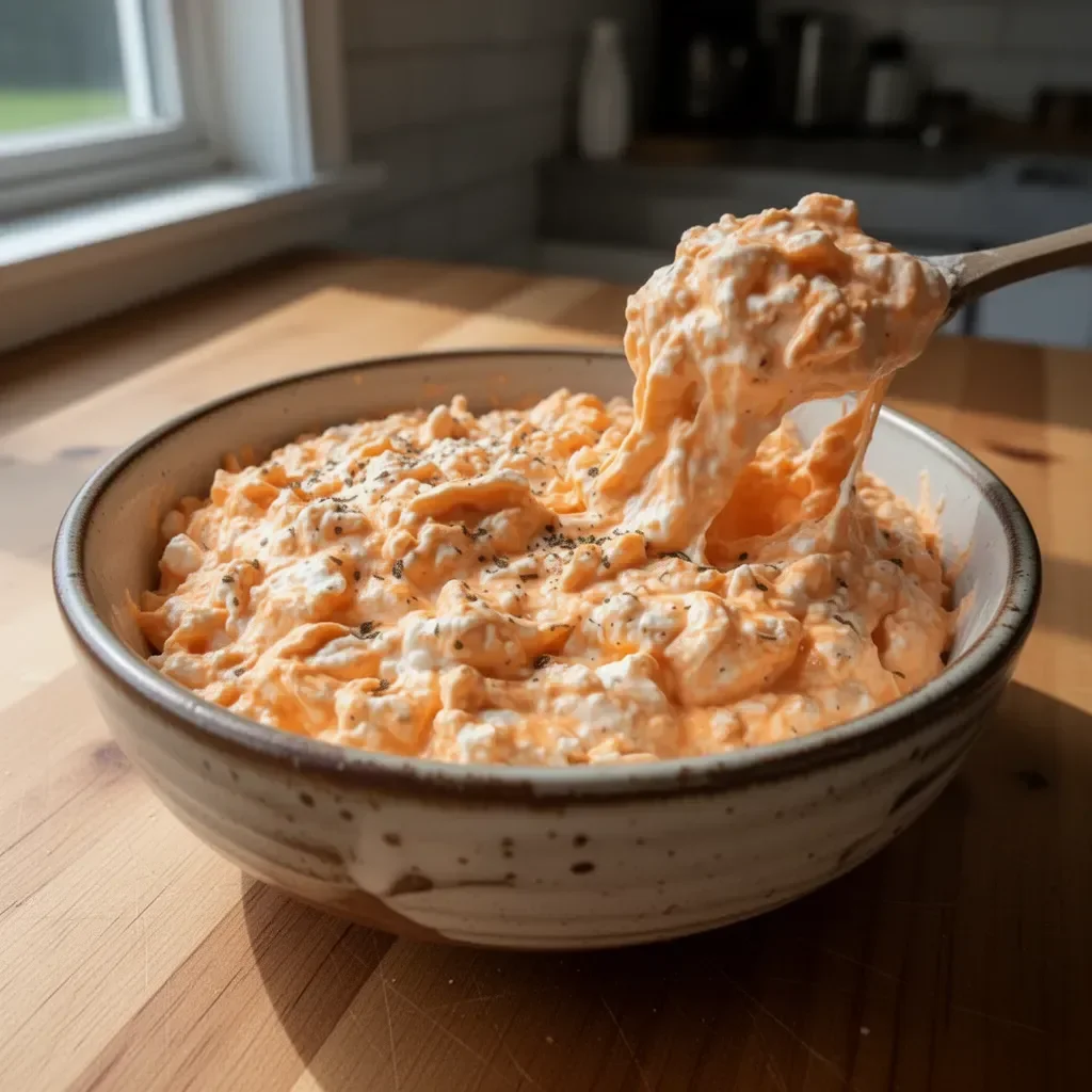 Cottage Cheese Buffalo Chicken Dip served in a bowl with tortilla chips