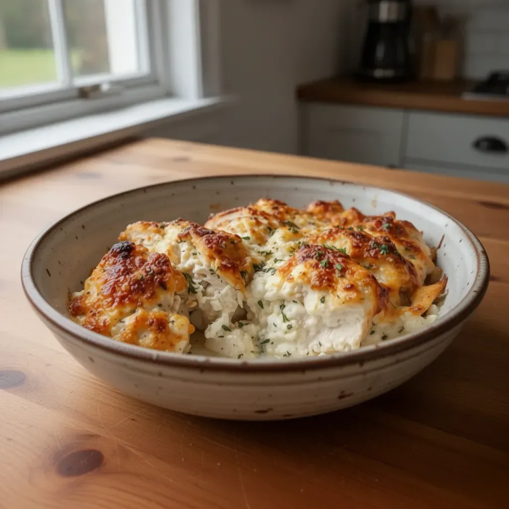 Cottage Cheese Chicken Bake topped with herbs and cheese on a plate