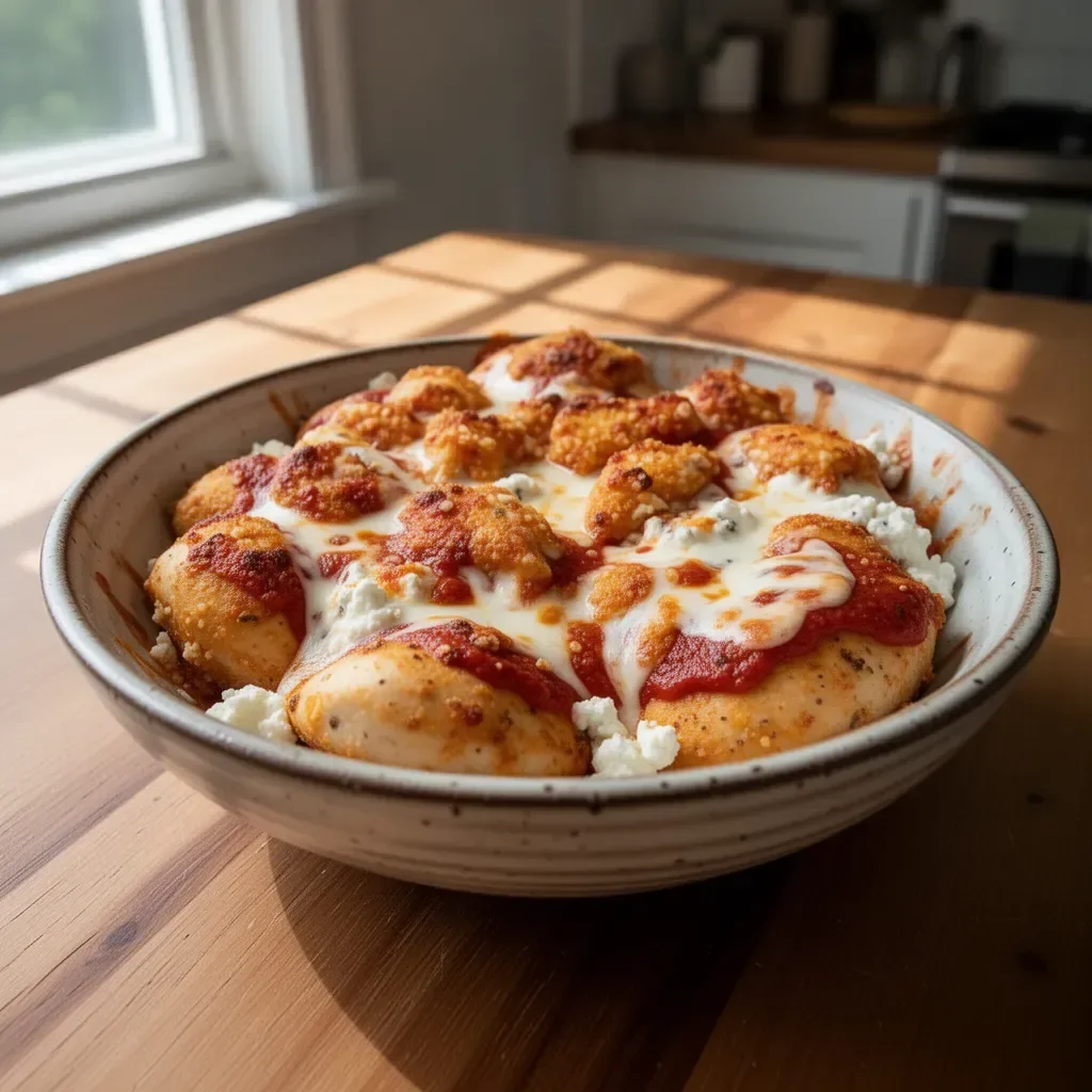 Cottage Cheese Chicken Parmesan Bowl with chicken, cheese, and sauce in a dish