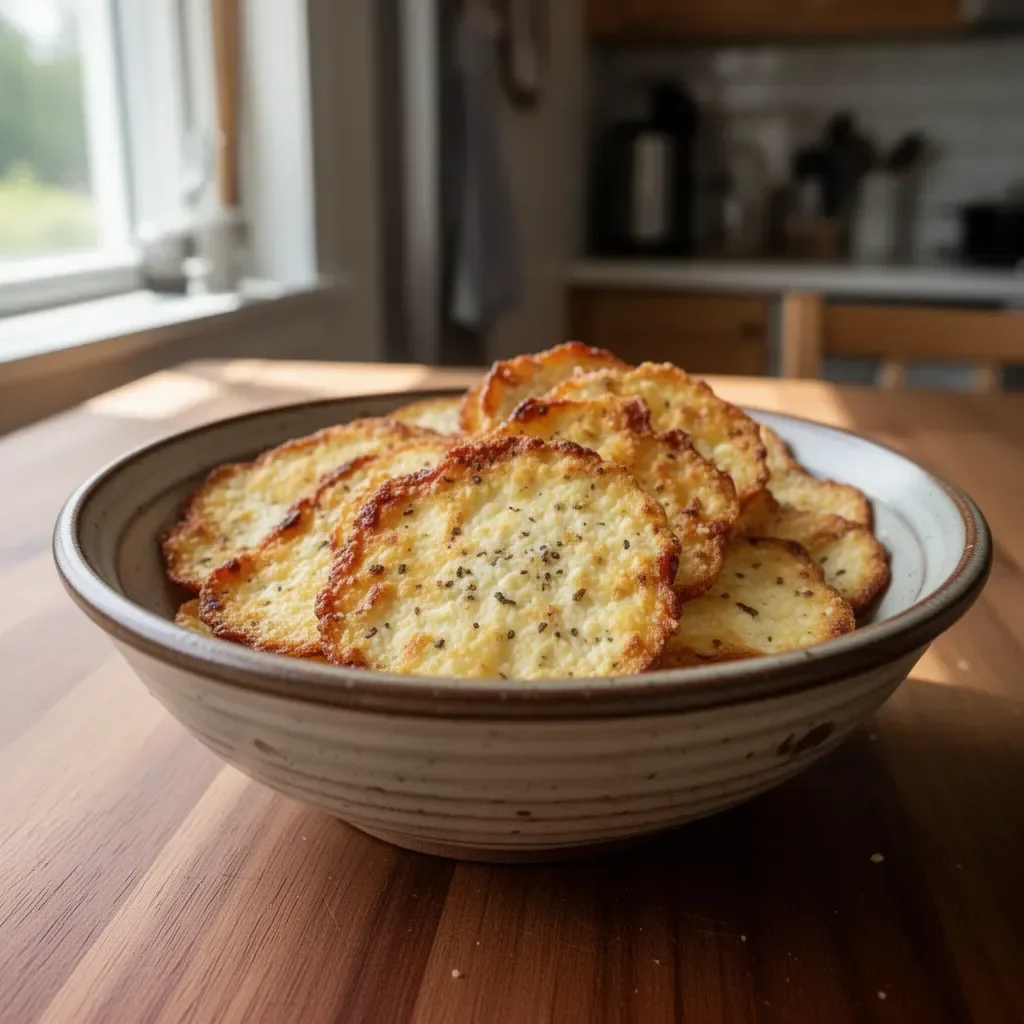 Bowl of homemade Cottage Cheese Chips on a wooden table