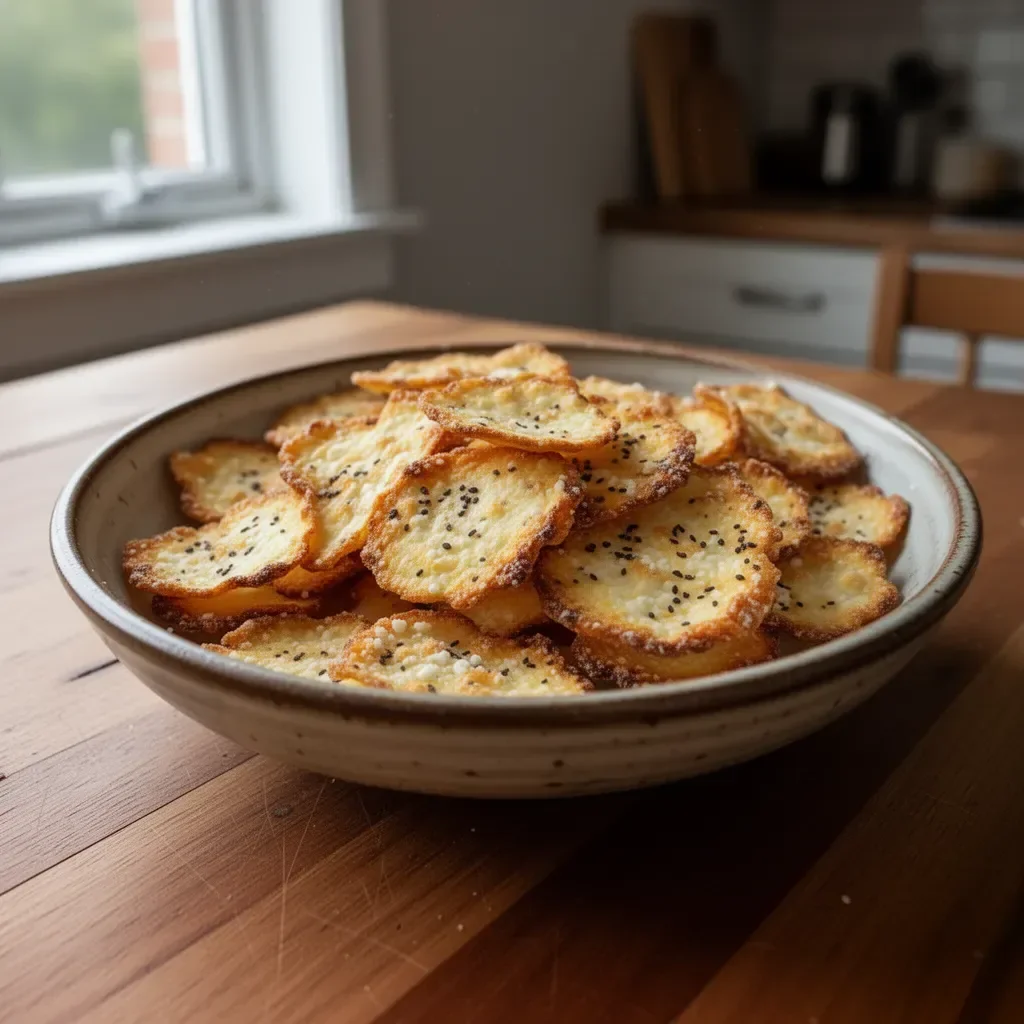 Bowl of cottage cheese chips, a high-protein healthy snack option.