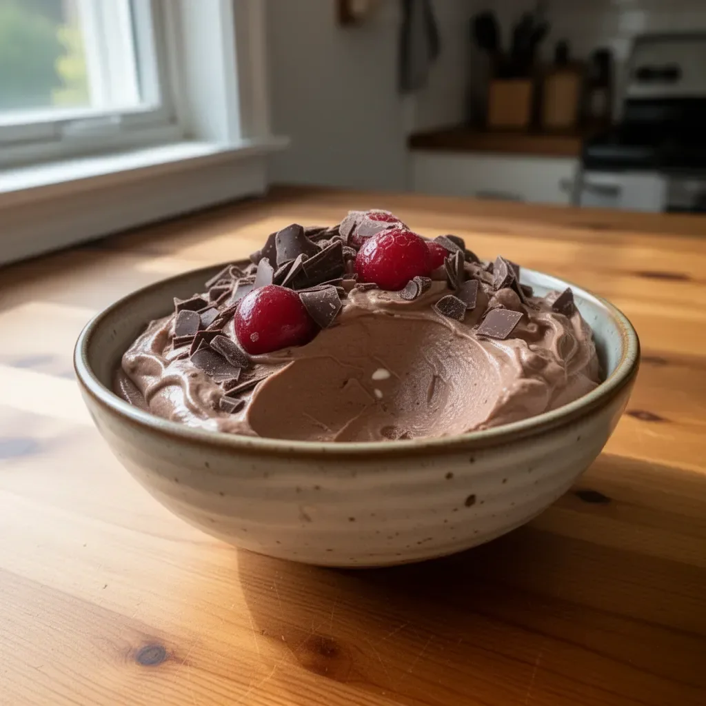Delicious cottage cheese chocolate mousse topped with chocolate shavings in a bowl.