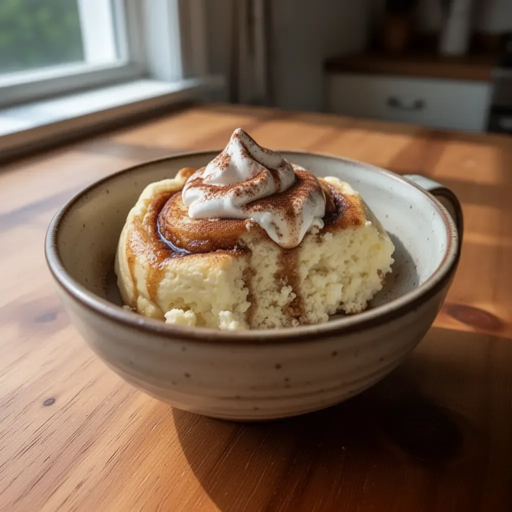A delicious cottage cheese cinnamon roll mug cake ready to enjoy