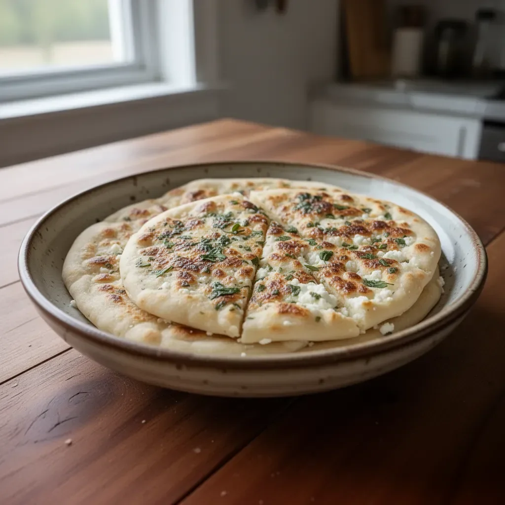 Close-up of cottage cheese flatbread topped with fresh herbs and vegetables