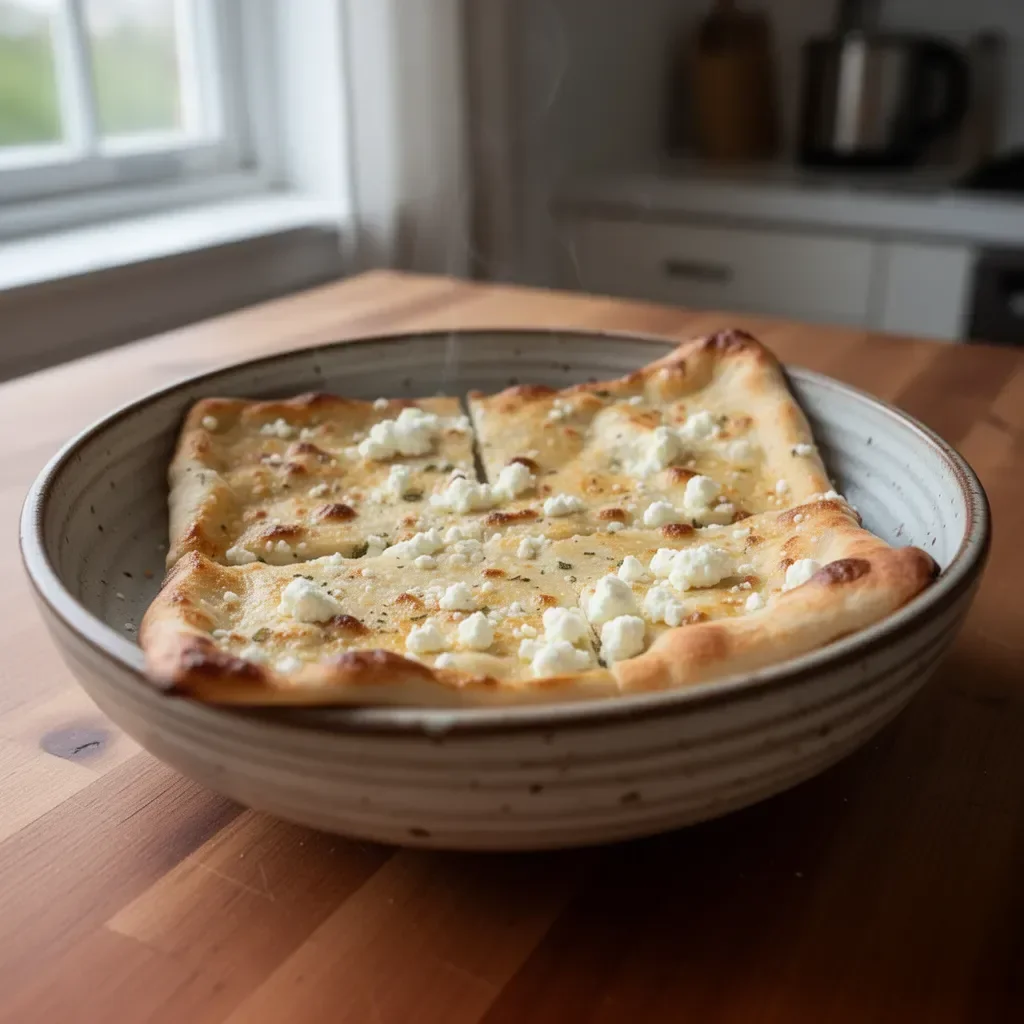 Homemade cottage cheese flatbread topped with fresh herbs and spices.