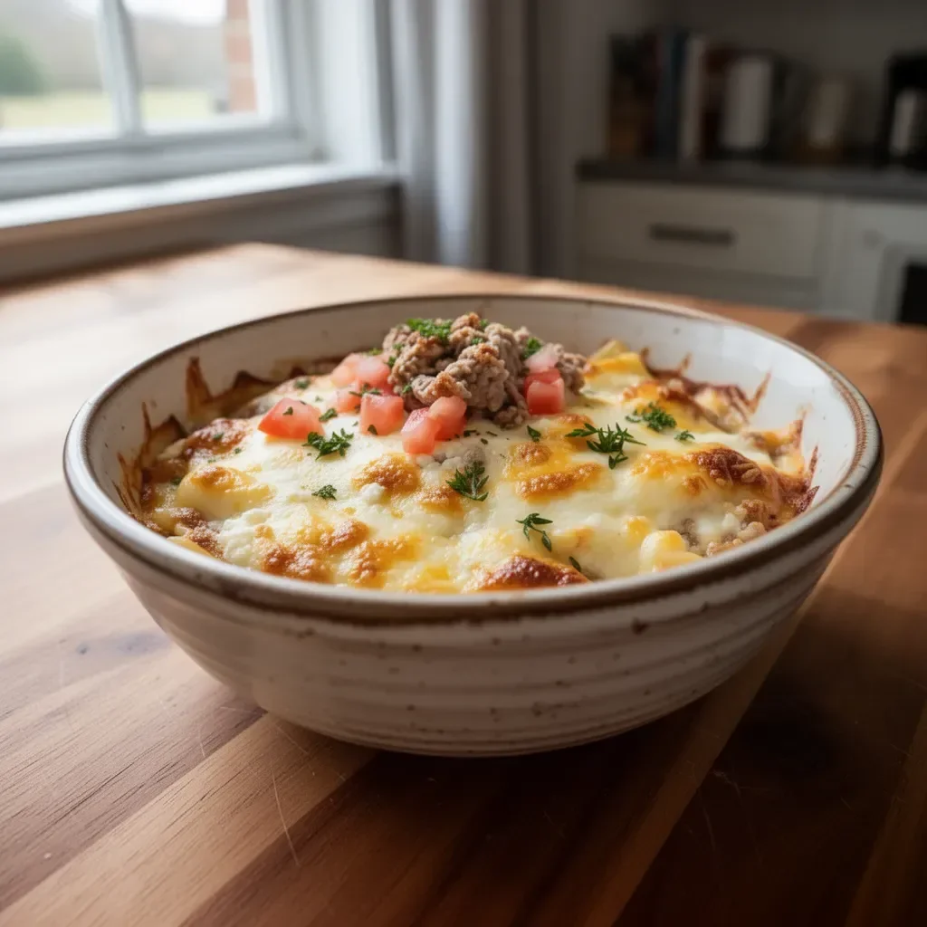 Healthy Cottage Cheese Lasagna Bowl served with fresh herbs and tomatoes