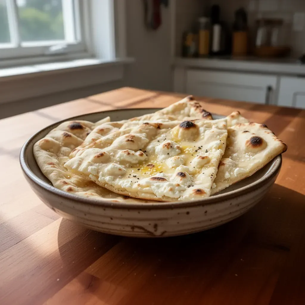 Freshly baked Cottage Cheese Naan Bread served with herbs.
