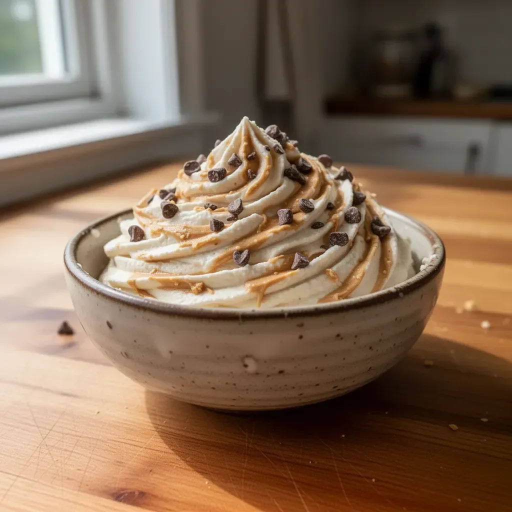 Healthy cottage cheese peanut butter mousse dessert topped with chocolate shavings.