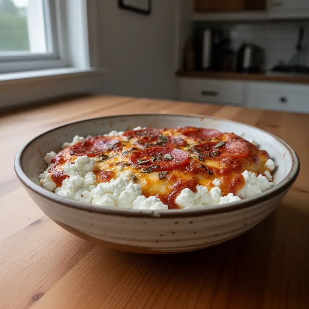 Cottage Cheese Pizza Bowl topped with fresh vegetables and herbs