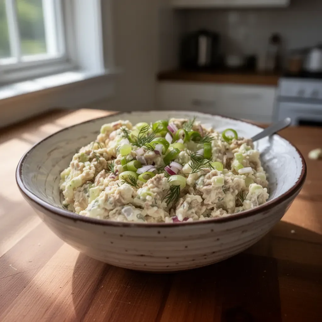 Cottage Cheese Tuna Salad with fresh ingredients in a bowl