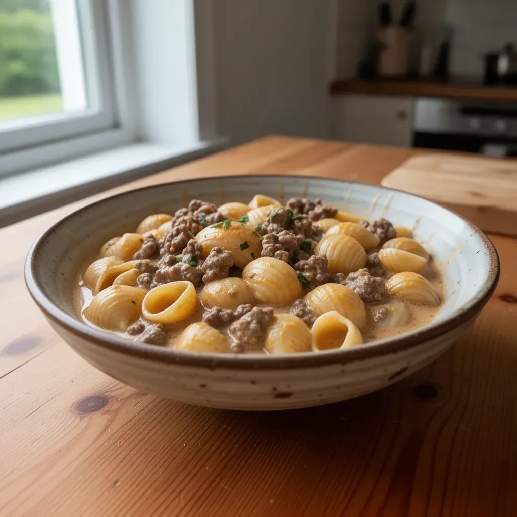 Creamy beef and shells dish served in a bowl with fresh herbs on top