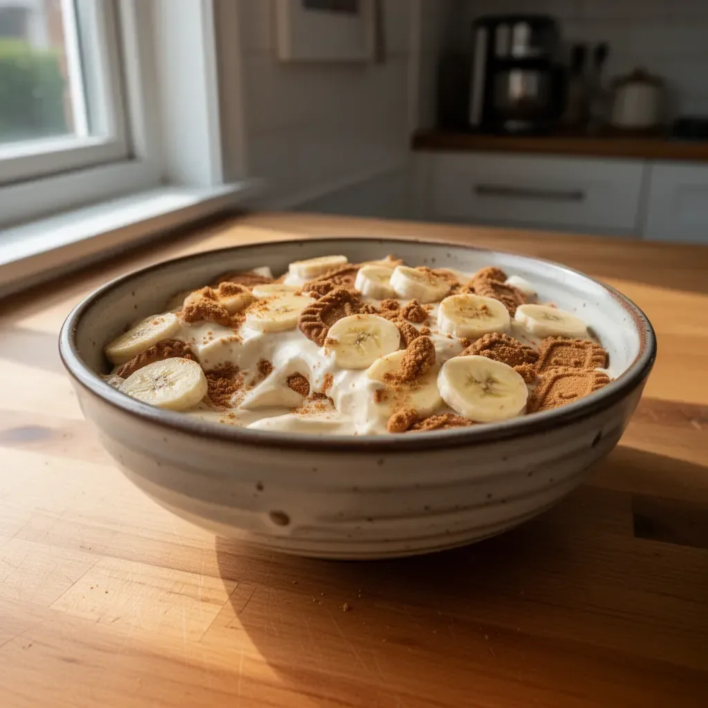 Delicious creamy Biscoff banana pudding served in a dessert bowl