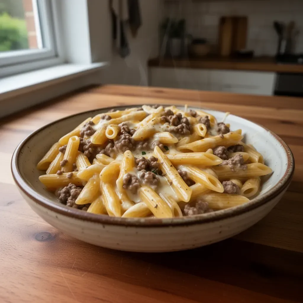 Creamy cheesy beef penne pasta in a serving bowl