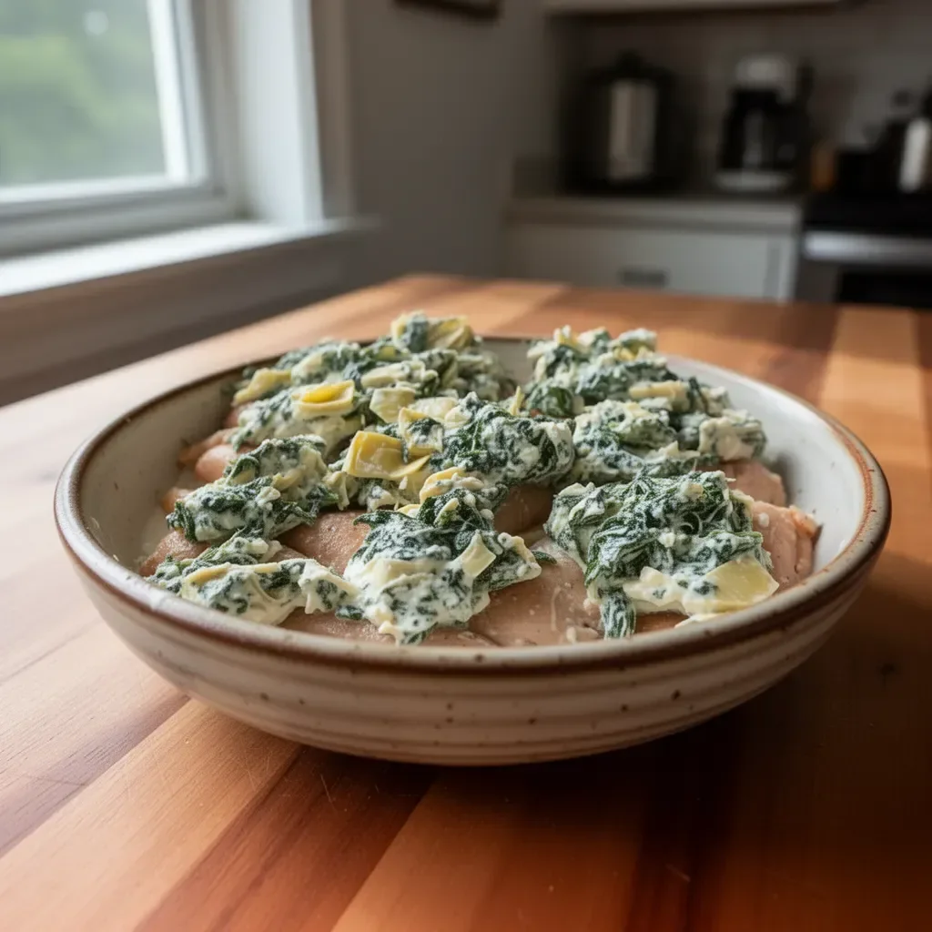 Creamy Greek Yogurt Chicken Spinach Artichoke Bake in a casserole dish