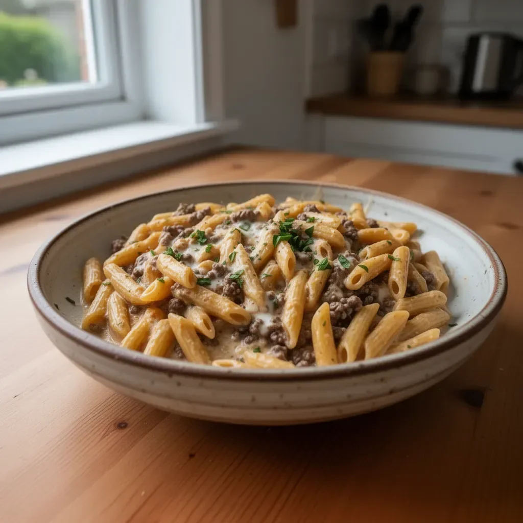 Creamy high protein beef pasta dish with fresh herbs and cheese